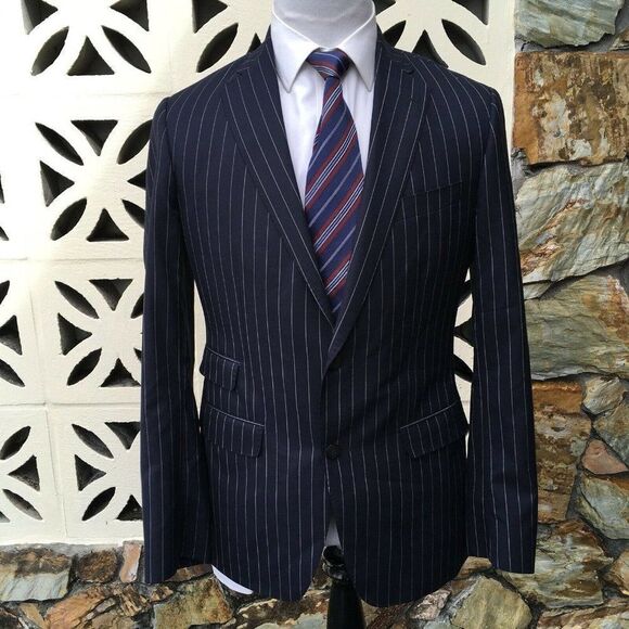 Phineas Cole Men's Sports Coat Navy Blue Striped Wool Cashmere Size 40 L Long - Picture 2 of 9